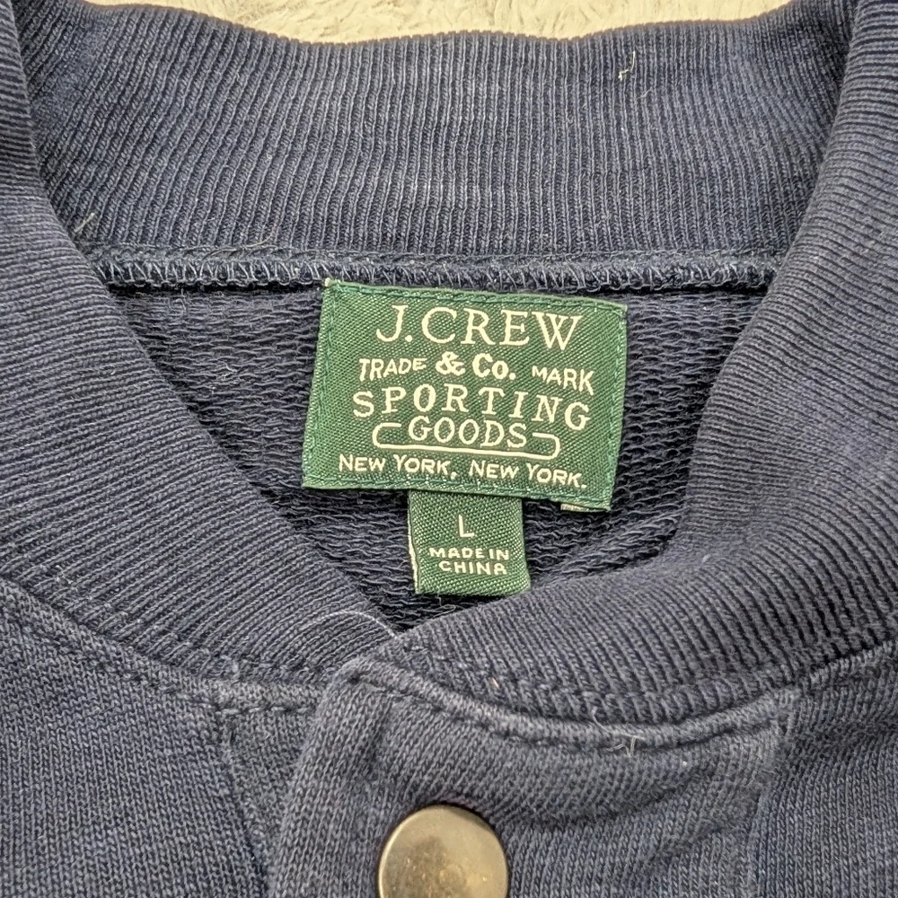 J. Crew Jacket Mens L Blue Navy Bomber Button Snap Varsity Sporting Goods Cotton